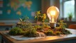 © Maryna - School project model demonstrates energy conversion using light bulb plants. Scene emphasizes creativity sustainability. Education concept for science classroom with miniature plants, technology