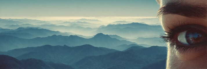 Poster - Eyes Gazing Toward Distant Mountains Evoke a Sense of Long Vision and Clarity in the Expansive Landscape at Sunrise
