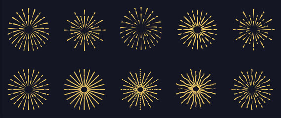 Wall Mural - Set of new year firework vector illustration. Collection of glow gold fireworks on dark background. Art design suitable for decoration, print, poster, banner, wallpaper, card, cover.