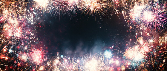 a festive frame of fireworks exploding in the night sky with a dark background and colorful sparks