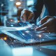 © Sehraye - Insurance. Businessman touching interface and insurance technology, digital transformation, innovation in insurance, smart solutions for claims, technology-driven underwriting concept.