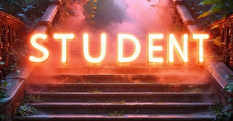 Aufkleber - Bright neon sign spells STUDENT atop stone steps. Lush foliage frames glowing text, creating dramatic entrance. Dark background emphasizes illumination.