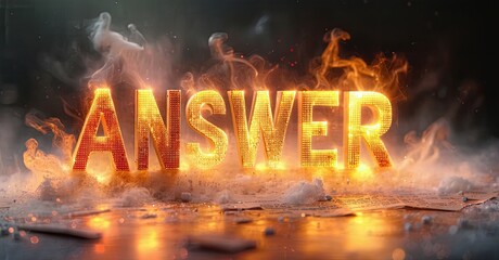 Aufkleber - Fiery text spelling ANSWER emerges from smoke, sparks, glowing embers. Dramatic lighting creates intense visual impact.
