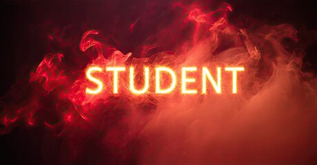 Aufkleber - Bright neon text spells STUDENT against swirling red smoke. Dramatic lighting creates intense visual impact. Dark background emphasizes glowing letters.