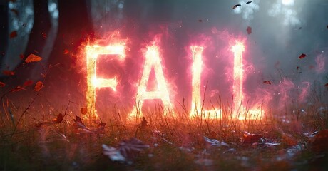 Aufkleber - Fiery text spells FALL amid autumn foliage. Dramatic lighting creates intense visual impact. Forest background adds depth.