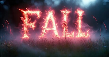 Aufkleber - Fiery text spells FALL over grass. Dramatic lighting creates intense, glowing effect. Dark background emphasizes vibrant colors.
