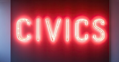 Aufkleber - Bright red neon sign spells CIVICS. Wall background contrasts with glowing letters. Simple, modern aesthetic.