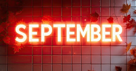 Aufkleber - Bright neon September sign glows against red tiled wall. Autumn leaves add seasonal touch, creating vibrant display.