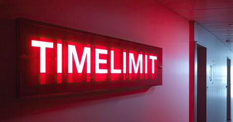 Aufkleber - Bright red neon sign displays TIMELIMIT on wall. Hallway extends into darkness, creating dramatic lighting effect. Simple, modern aesthetic.