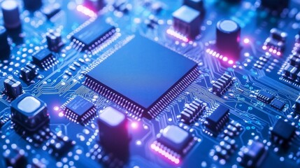 Wall Mural - futuristic blue and purple technology circuit board background with glowing electronic microchips an