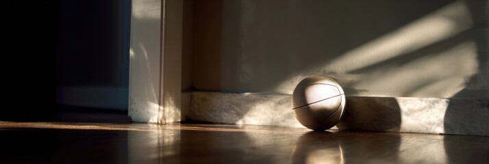 Leinwandbilder - Reflected Ball Resting in Shadows on Polished Court Floor With Ambient Light in a Serene Indoor Setting