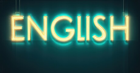 Aufkleber - Bright neon sign displays word English. Turquoise background creates dramatic lighting effect. Simple, bold presentation.