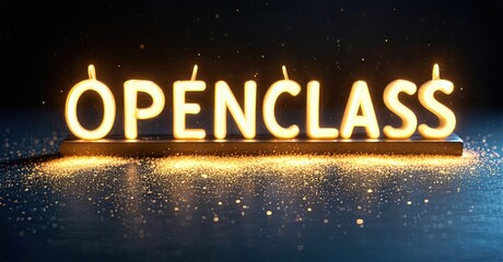 Aufkleber - Bright, glowing OPENCLASS text sits atop shimmering surface. Dark background emphasizes illumination, creating dramatic effect.