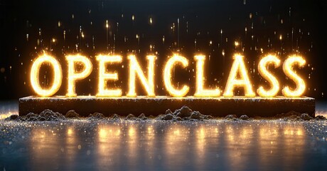 Aufkleber - Bright golden OPENCLASS text glows above reflective surface. Sparks fall around illuminated lettering, creating dramatic effect.