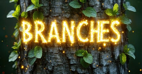 Aufkleber - Tree trunk displays glowing BRANCHES text. Green leaves surround lettering, dark background enhances visual impact.