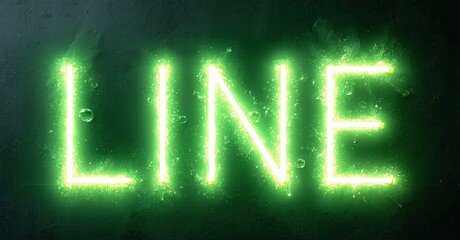 Aufkleber - Bright neon word LINE glows against dark green textured background. Simple typography, vibrant illumination, modern aesthetic.