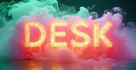 Aufkleber - Bright neon word DESK emerges from colorful smoke. Dramatic lighting creates vibrant, artistic presentation. Modern design concept.