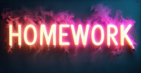 Aufkleber - Bright neon sign spells homework. Pink, blue smoke surrounds glowing letters. Dramatic lighting creates vibrant visual impact.