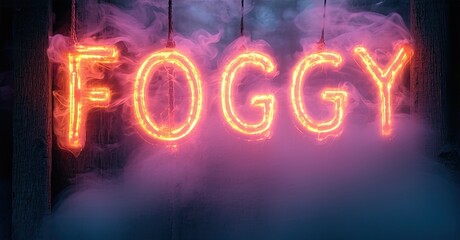 Aufkleber - Bright neon sign spells FOGGY. Smoke fills space around glowing letters. Dark background creates dramatic effect. Mysterious, atmospheric.