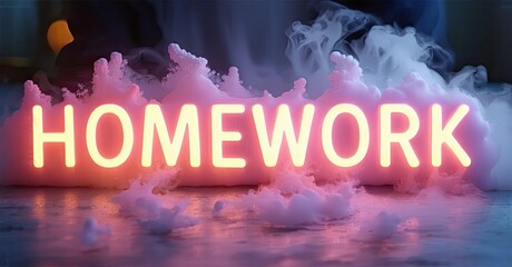 Aufkleber - Bright neon homework sign amidst colorful smoke. Dramatic lighting creates vibrant, artistic presentation. Focus on education concept.