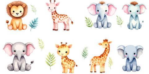  Funny cartoon wild safari animals collection with cute baby giraffe, lion, elephant, and zebra vector illustration