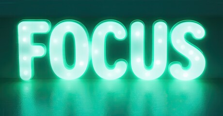 Aufkleber - Bright turquoise word focus displayed using illuminated marquee lights. Dark background creates strong contrast, emphasizing message.