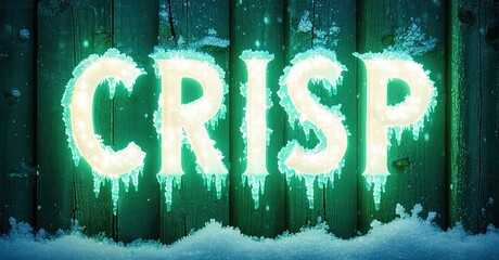 Aufkleber - Frozen text spells CRISP against rustic wood backdrop. Snow accumulates below lettering, creating winter aesthetic. Cool tones dominate image.
