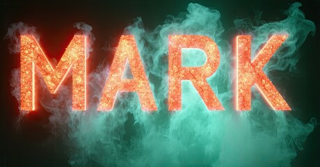Aufkleber - Fiery text spelling MARK emerges from teal smoke. Dramatic lighting creates intense visual impact. Bold letters stand out against dark background.