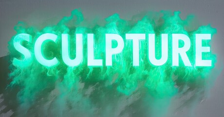 Fototapete - Bright neon text spells sculpture. Turquoise smoke swirls around luminous letters. Dark background creates strong contrast, dramatic effect.