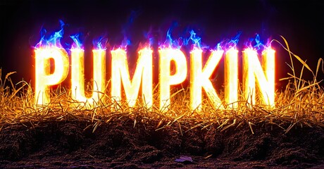 Aufkleber - Fiery pumpkin lettering glows brightly. Autumnal hay surrounds word against dark background. Dramatic lighting creates intense visual impact.