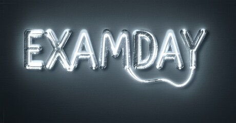 Aufkleber - Bright neon sign spells EXAMDAY. Dark background enhances glowing text. Simple design, modern aesthetic. Focus is lettering.