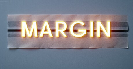 Poster - Bright neon word MARGIN affixed to wrinkled paper, taped against muted blue wall. Minimalist composition, stark contrast, simple design.