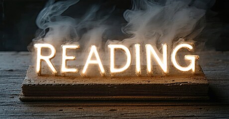 Aufkleber - Glowing word reading atop old book. Smoke rises, creating dramatic effect. Dark background emphasizes bright letters, concept intriguing.