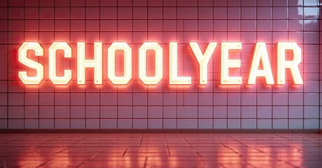 Aufkleber - Bright neon sign spells SCHOOLYEAR against pink tiled wall. Minimalist stage setting, warm lighting creates dramatic effect.