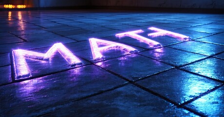 Poster - Bright purple MATH lights illuminate tiled floor. Dark background creates dramatic, glowing effect. Minimalist composition, modern aesthetic.