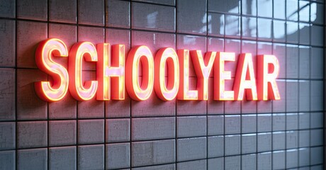 Aufkleber - Bright neon sign spells SCHOOLYEAR against tiled wall. Dramatic lighting creates strong shadows, modern aesthetic.