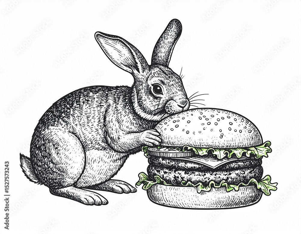 The rabbit eats a hamburger
