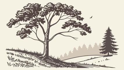 illustration of a large tree with a bird flying above and a forest in the background view image