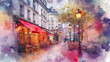 © Karina Korytchenko - Charming watercolor street scene with vintage cafes in Paris during a serene evening
