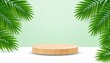 © yuttapoom - Round wood stage podium on white floor and palm leaves decor on green summer wall background. Realistic cylinder platform with foliage of tropical plant. Natural showcase mockup for product display.