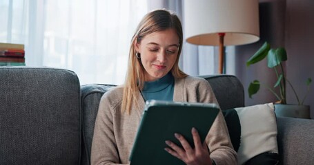 Aufkleber - Smile, woman and relax with tablet at house for browsing, social media and website search on sofa. Happy, female person and digital for reading blog, streaming video and funny notification of weekend