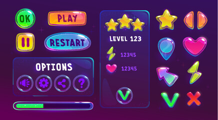 Cartoon colorful shiny user interface with transparent panels, icons, frames and jelly buttons for game or web ui design. Vector slimy glossy GUI assets on gark background.