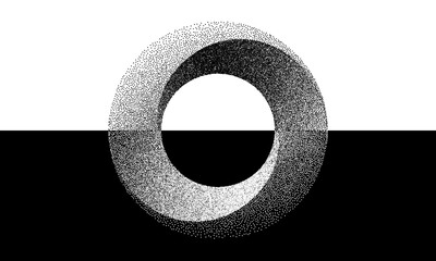 Leinwandbilder - Abstract art background with dotted circle. Stipple effect with chaotic noise in spiral. Day and Night concept. Black shape on a white background and the same white shape on the black side.