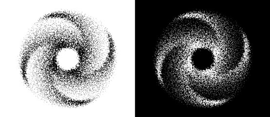 Fototapete - Abstract art background with dotted circle. Stipple effect with chaotic noise in spiral. Black shape on a white background and the same white shape on the black side.