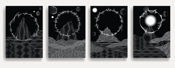 Wall Mural - Stars and exoplanet in outer space. Futuristic landscape, with lines . Night landscape with starry sky .Vector illustration

