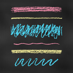 Wall Mural - Children's Chalk Drawn Sketch. Set of Design Elements Scribbles Isolated on Chalkboard Backdrop.