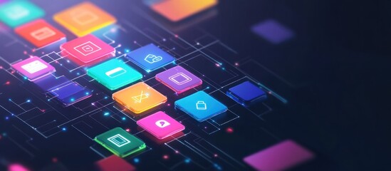 colourful mobile apps on virtual screen, digital software technology development concept