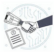 © SP Technology - A minimalist vector composition showing one robotic and one human arm shaking hands over a contract, symbolizing AI business deals, on a gradient backdrop with light circuit textures.