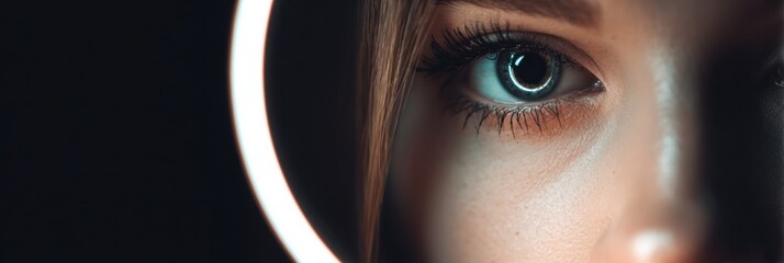 Leinwandbilder - Glowing Ring Light Creates Captivating Reflection in the Photographers Eye With a Minimal Background