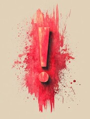 Fototapete - Abstract Red Exclamation Mark Against a Neutral Background With Splashes of Color and Clear Right Side for an Impactful Visual Effect